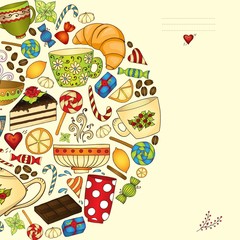 Tea, coffe and sweets pattern invitation.