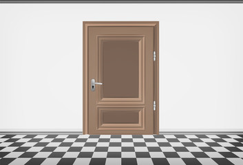 blank room wall with closed door and checked paved floor