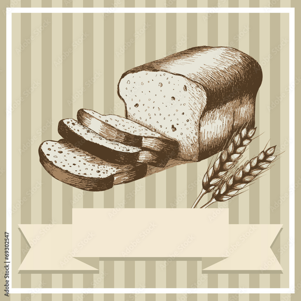 Wall mural sketch of sliced bread and wheat for menu or card design
