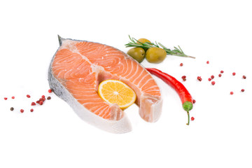 Fresh salmon steak with vegetables.