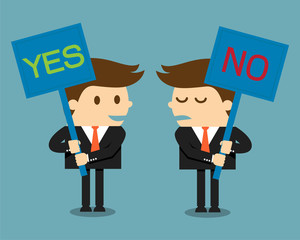 Businessman holding a signboard with the word yes or no