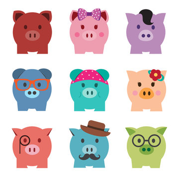 Colorful Piggy Bank Icon Set, Front View