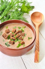 Bread soup with croutons and herbs