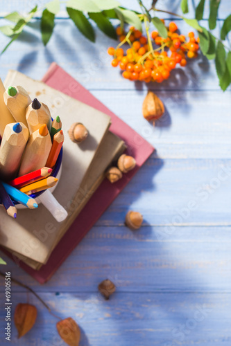 Pencils books concept back school autumn fruit