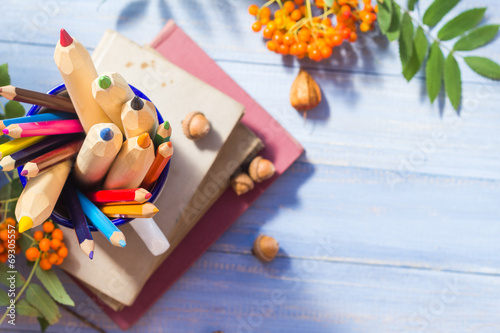 Pencils books concept back school autumn fruit