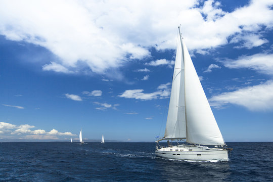 Sailboats participate in sailing regatta. Luxury Yachts.