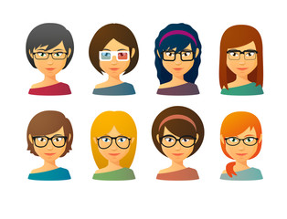 Female avatars wearing glasses  with various hair styles