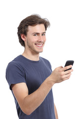 Casual happy man using a smart phone looking at camera