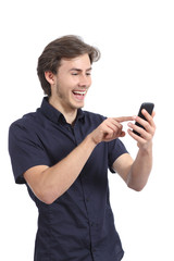 Funny man browsing social media in a touch screen smart phone