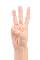 Female hands counting number three isolated on white