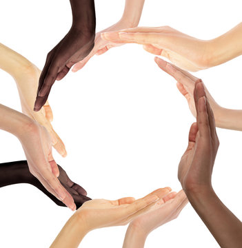 Conceptual symbol of multiracial human hands making a circle