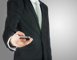 Businessman standing posture hand hold phone isolated