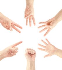 Counting man hands (0 to 5) isolated on white background