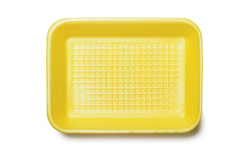 Yellow foam tray for food, isolated on white background