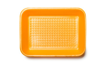 Orange foam tray for food, isolated on white background