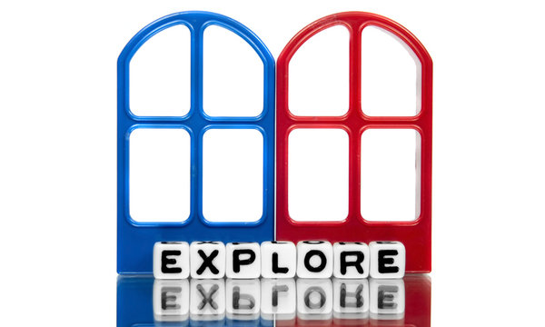Explore text on red and blue frames