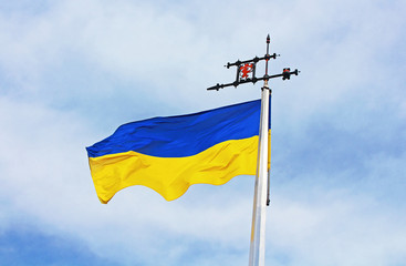 Ukrainian flag against blue sky
