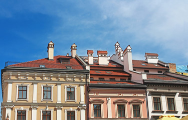 Houses with red roofs in the centre of Lviv, Ukraine