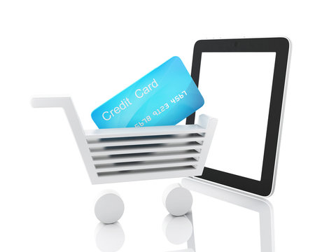 internet shopping concept. Shopping cart and tablet