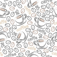 Seamless pattern with cups and coffee grains. Vector.