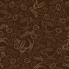 Seamless pattern with cups and coffee grains. Vector.