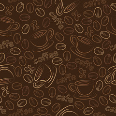 Seamless pattern with cups and coffee grains. Vector.