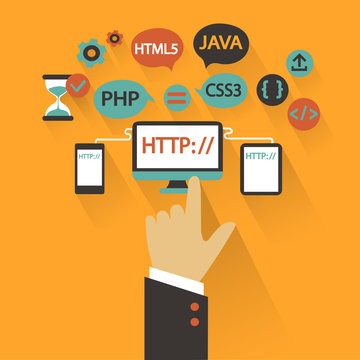 Flat design. Business concept with hand. Web development infographic.