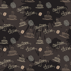 Сoffe time.Seamless pattern  mug, cup, coffee