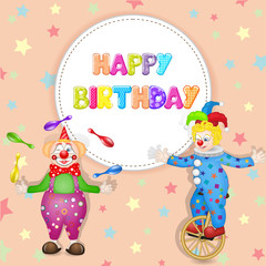 Obraz na płótnie Canvas Cute happy birthday card with fun clowns