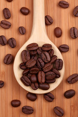Coffee beans in a wooden spoon