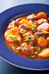 beef stew with potato and carrot in blue plate
