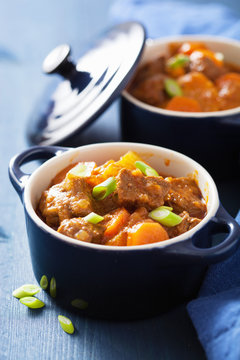 beef stew with potato and carrot in blue pot