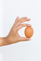 Hand with egg isolated on white background