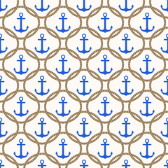 Seamless nautical pattern with blue anchors and rope background
