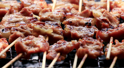 Pork Barbecue roast with charcoal fire.Gray smoke soar over barb