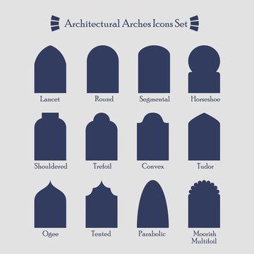 Set of common types of architectural arches silhouette icons