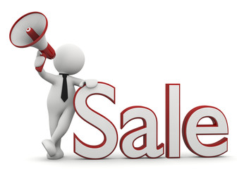 omino bianco appoggiato alla sritta saldi con megafono