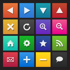 Web navigation icons on colored tiles, flat design