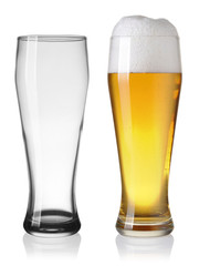 Empty and full beer in glass isolated on white backgroung