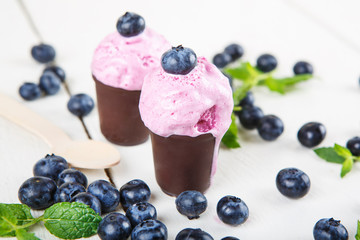 blueberry ice cream or frozen yogurt and sprig of mint, with fre