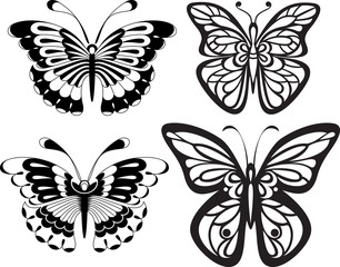 Fototapeta na wymiar Symmetrical silhouettes butterflies with open wings tracery
