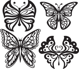 Symmetrical silhouettes butterflies with open wings tracery. - obrazy, fototapety, plakaty