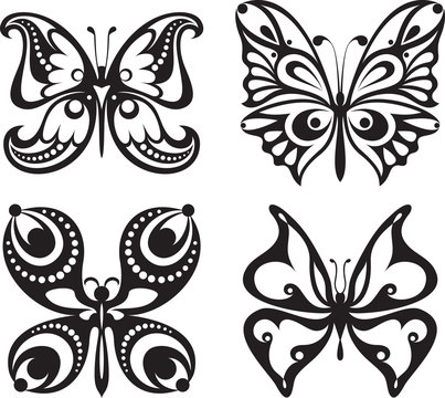 Symmetrical silhouettes butterflies with open wings tracery