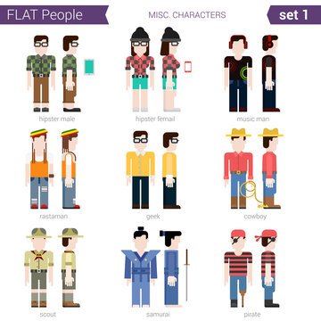 Flat style design people vector set hipster geek cowboy rastaman
