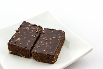 Brownie cake on white background