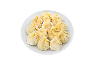 Siomai, raw steamed pork dumplings on white background