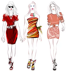 Crédence de cuisine en verre imprimé Art Studio Les femmes de la mode colorée défilent