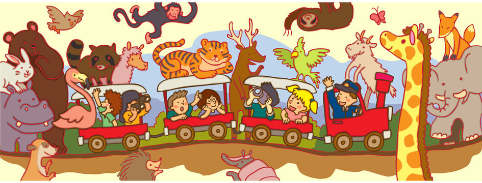 Kids travel through the wilderness safari by train (vector)