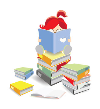 Reading on book stack