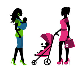 silhouettes of a woman with children in a sling and stroller